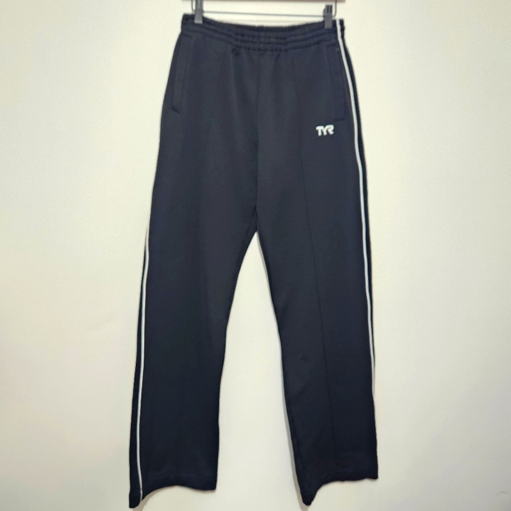 TYR Mens Large Track Pants Black White Stripe Athletic Warm Up Pants Zipper Pkt